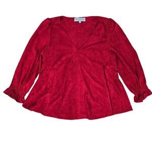 Tuckernuck Easton Faux Suede Blouse Size Medium Red V Neck Puff Sleeve